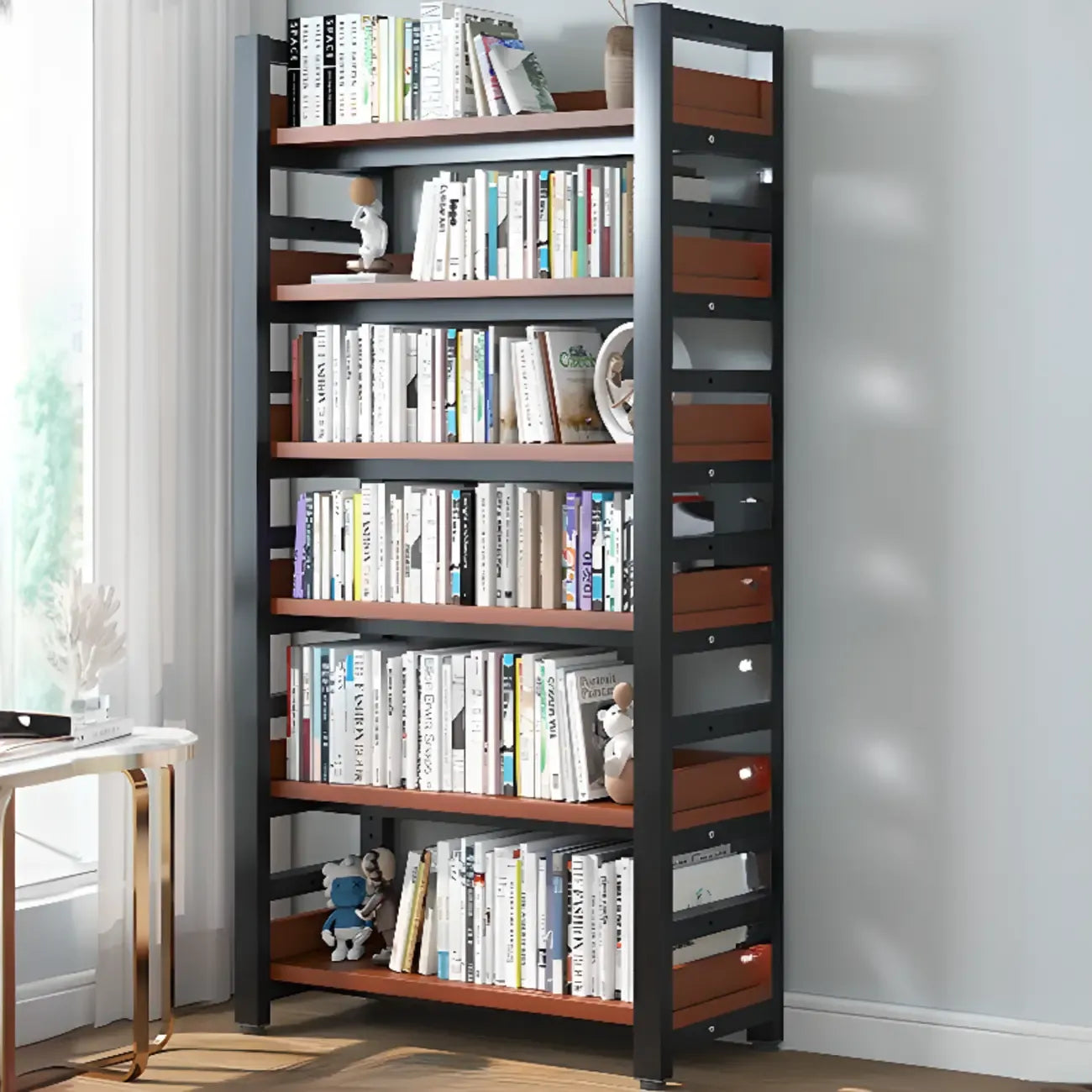 Bibliothèque autoportante simple à plusieurs niveaux en bois avec cadre en acier