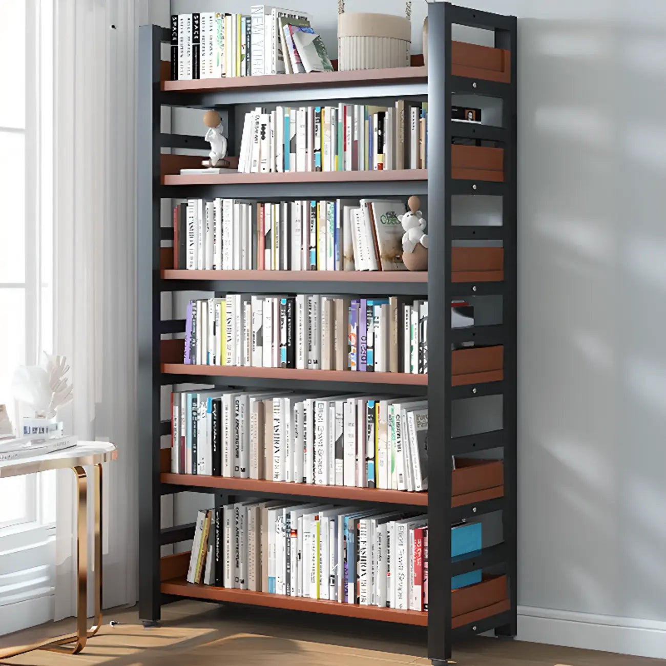 Bibliothèque autoportante simple à plusieurs niveaux en bois avec cadre en acier