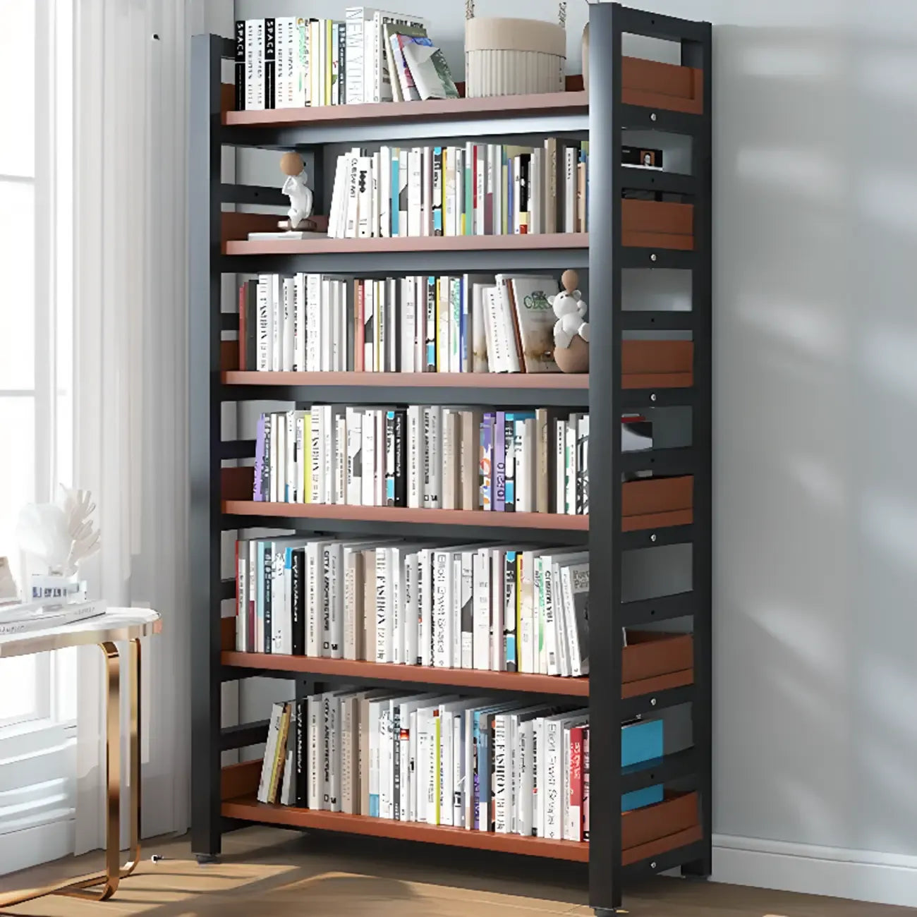 Bibliothèque autoportante simple à plusieurs niveaux en bois avec cadre en acier
