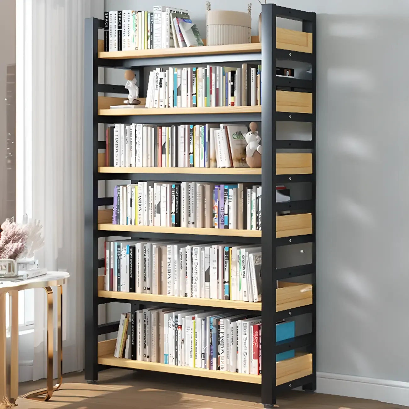Bibliothèque autoportante simple à plusieurs niveaux en bois avec cadre en acier