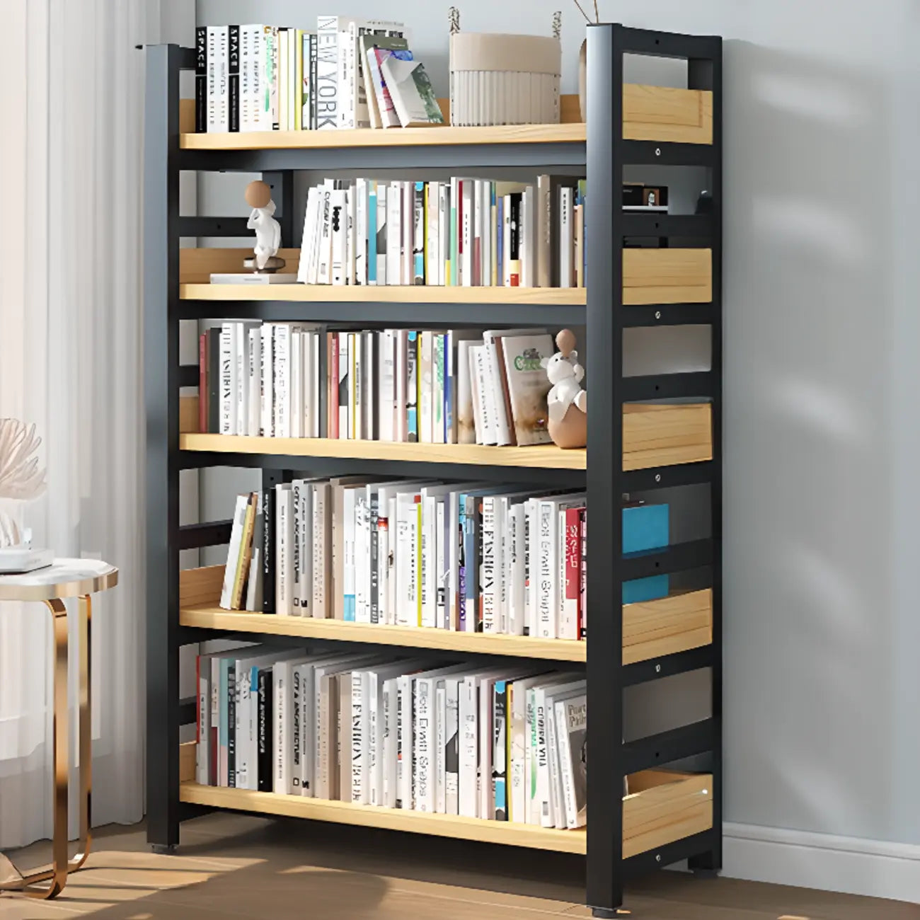 Bibliothèque autoportante simple à plusieurs niveaux en bois avec cadre en acier