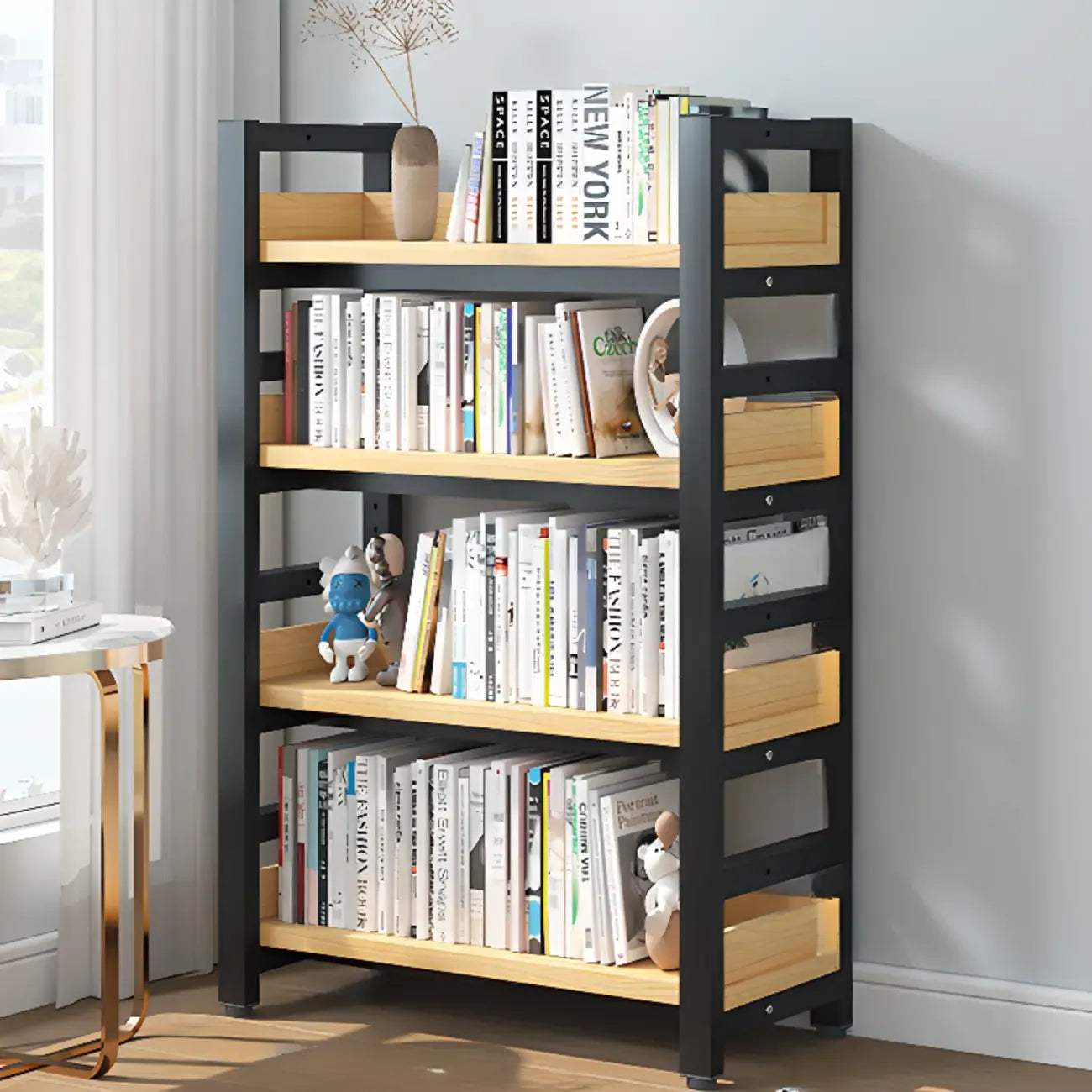 Bibliothèque autoportante simple à plusieurs niveaux en bois avec cadre en acier