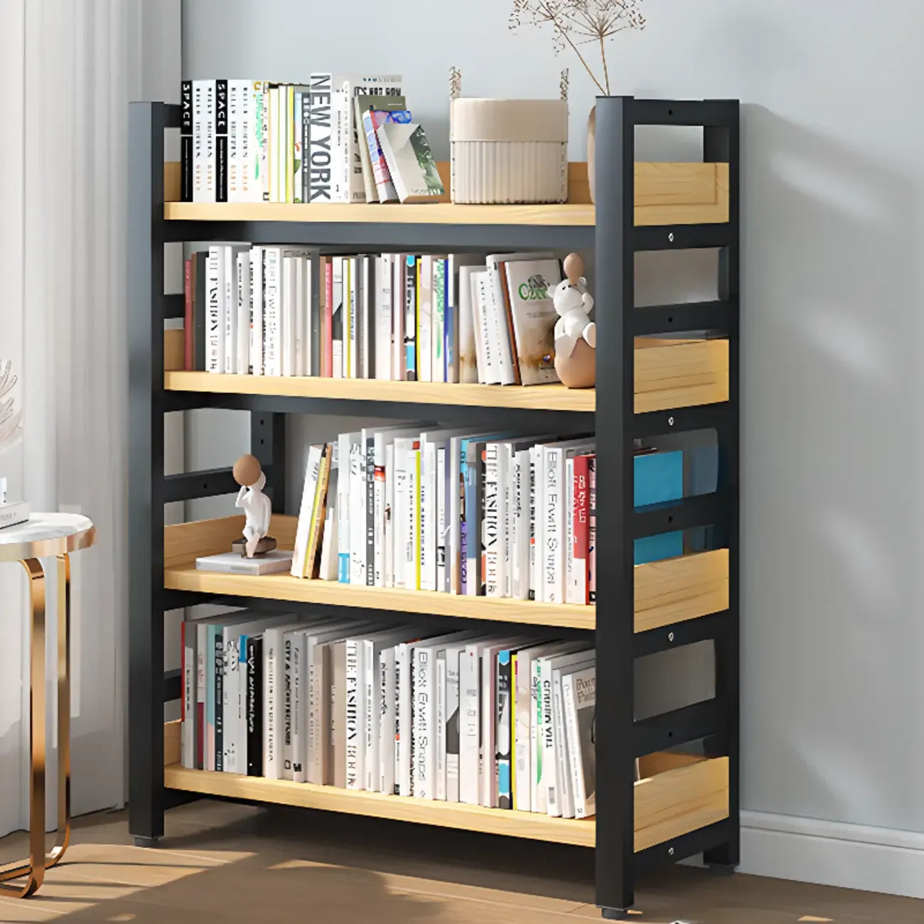Bibliothèque autoportante simple à plusieurs niveaux en bois avec cadre en acier