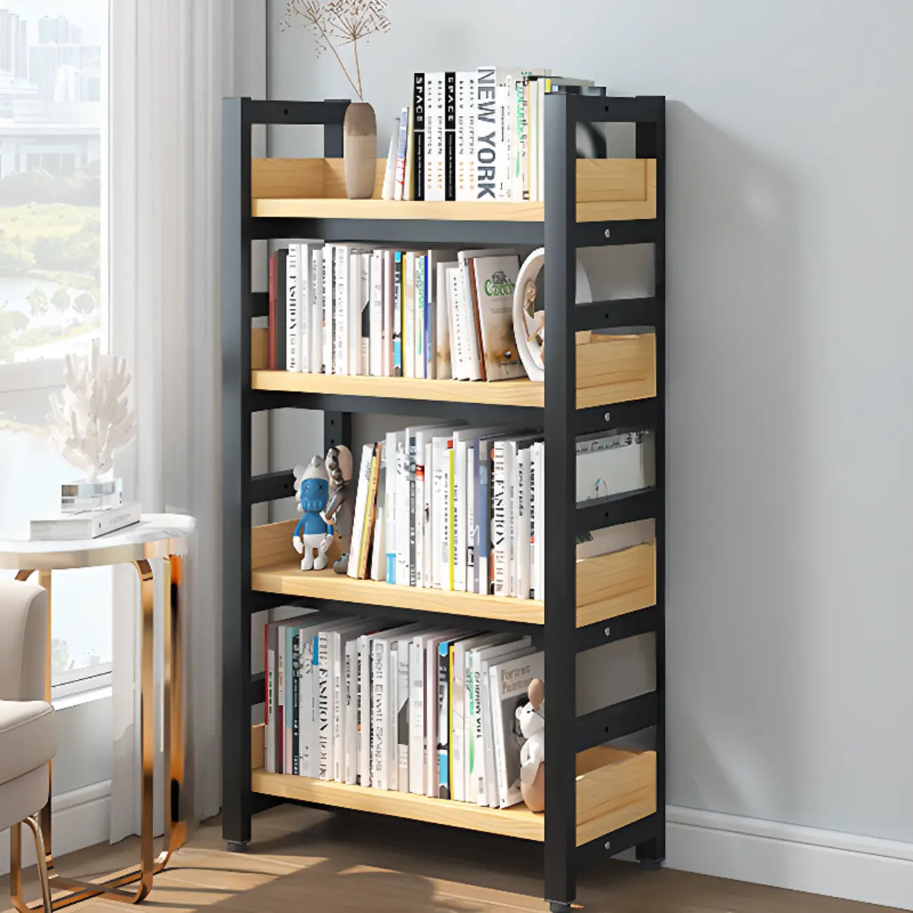 Bibliothèque autoportante simple à plusieurs niveaux en bois avec cadre en acier