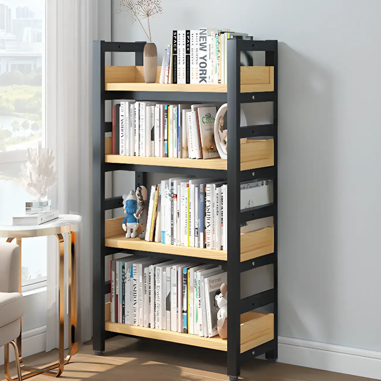 Bibliothèque autoportante simple à plusieurs niveaux en bois avec cadre en acier