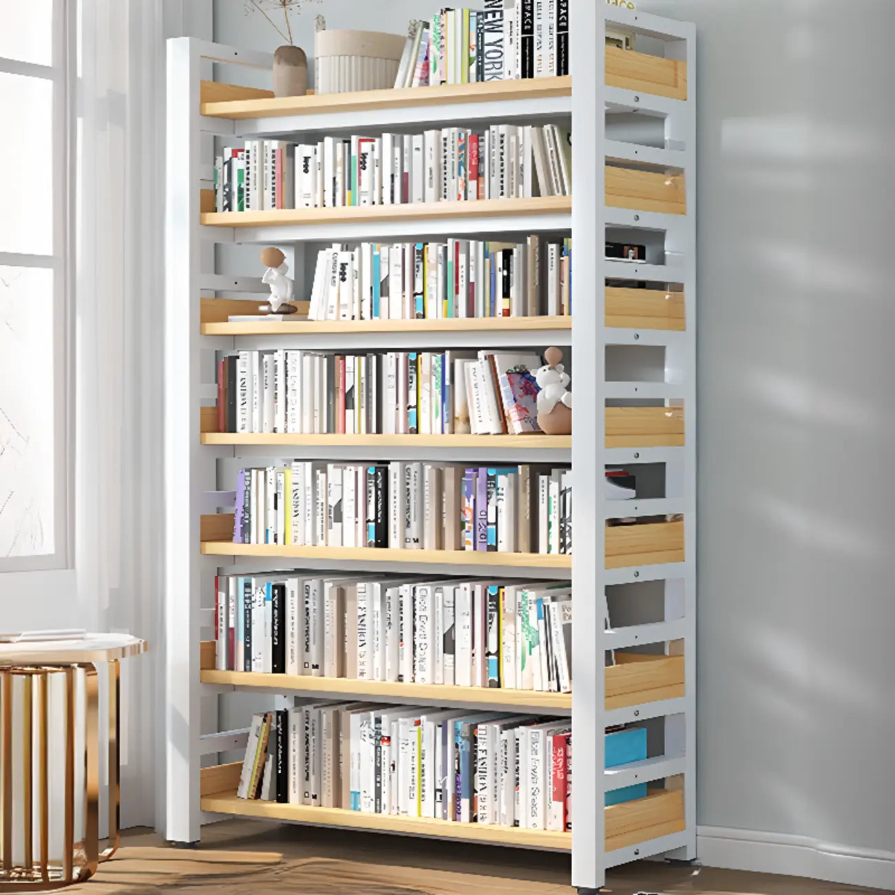 Bibliothèque autoportante simple à plusieurs niveaux en bois avec cadre en acier