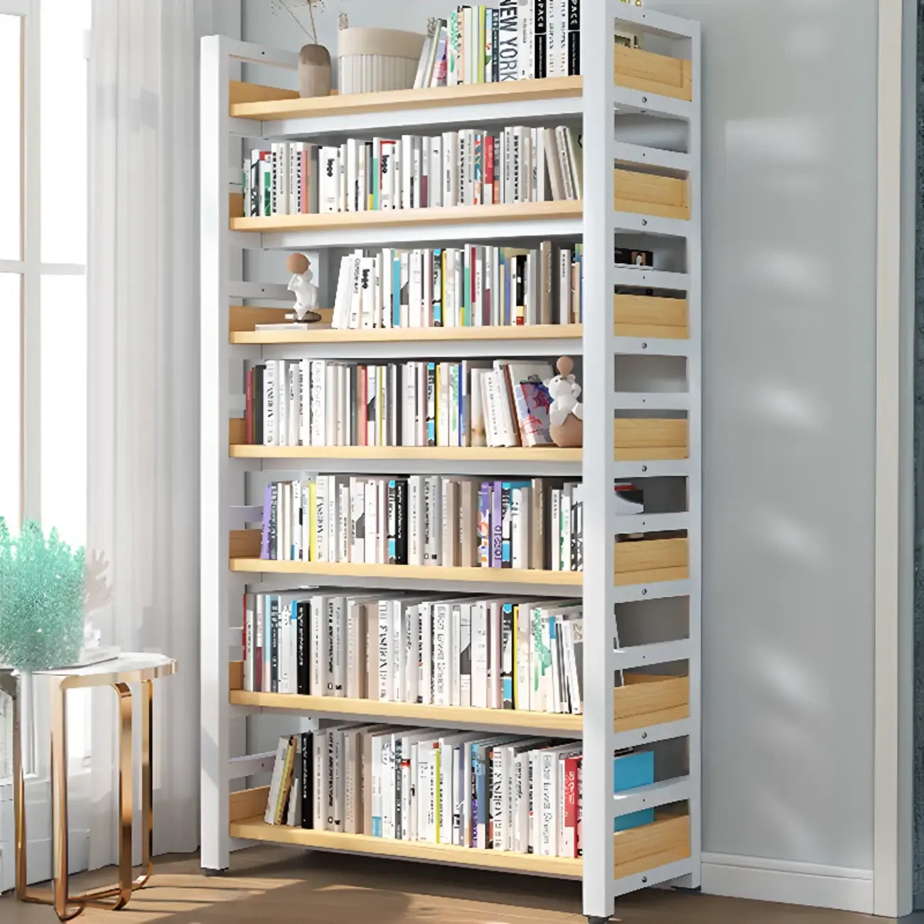 Bibliothèque autoportante simple à plusieurs niveaux en bois avec cadre en acier
