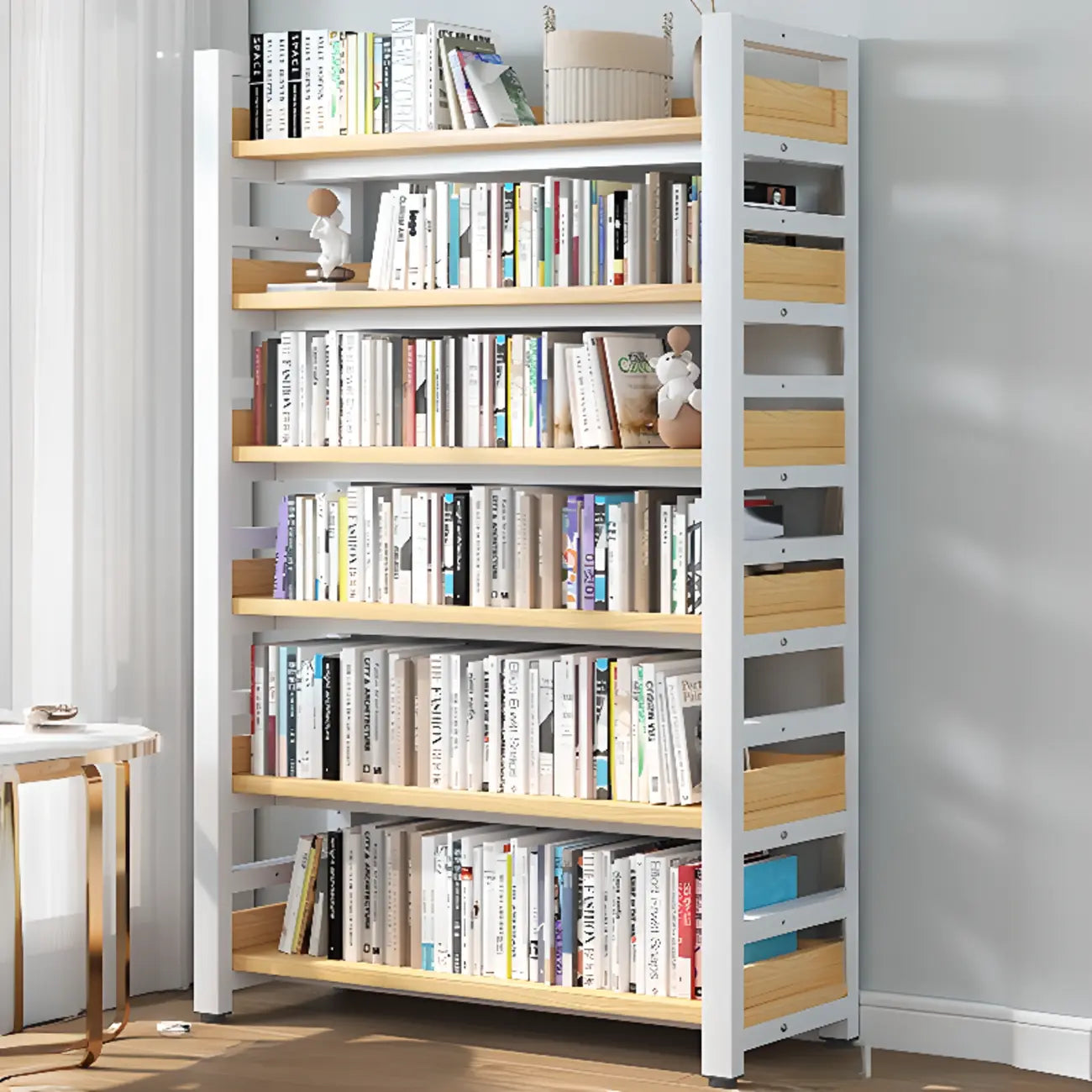 Bibliothèque autoportante simple à plusieurs niveaux en bois avec cadre en acier