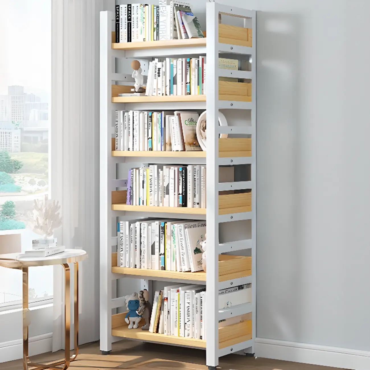 Bibliothèque autoportante simple à plusieurs niveaux en bois avec cadre en acier