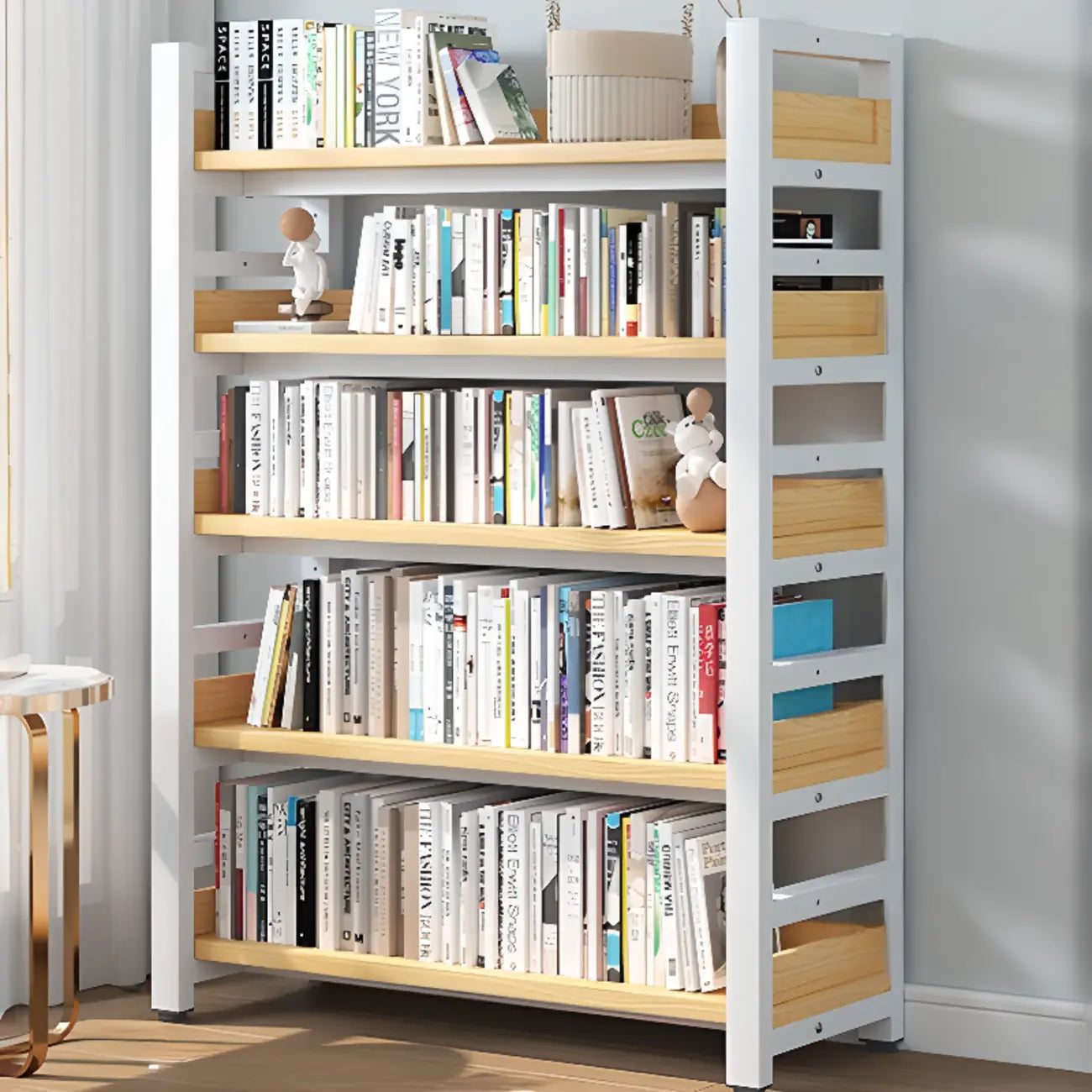 Bibliothèque autoportante simple à plusieurs niveaux en bois avec cadre en acier