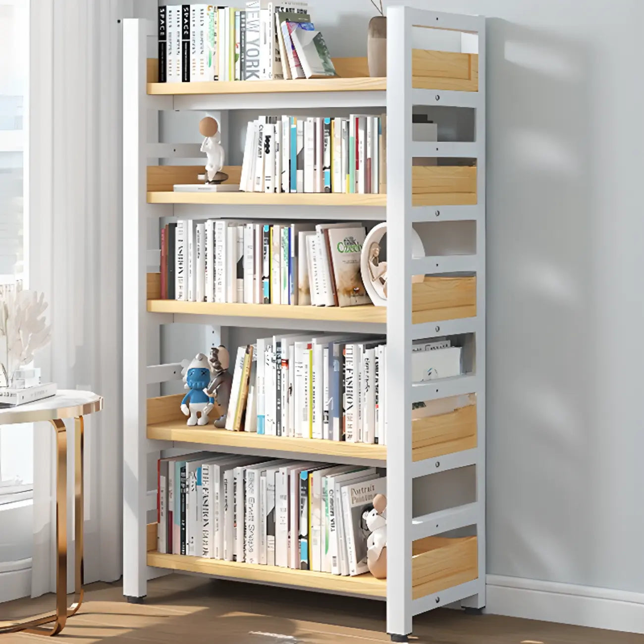 Bibliothèque autoportante simple à plusieurs niveaux en bois avec cadre en acier