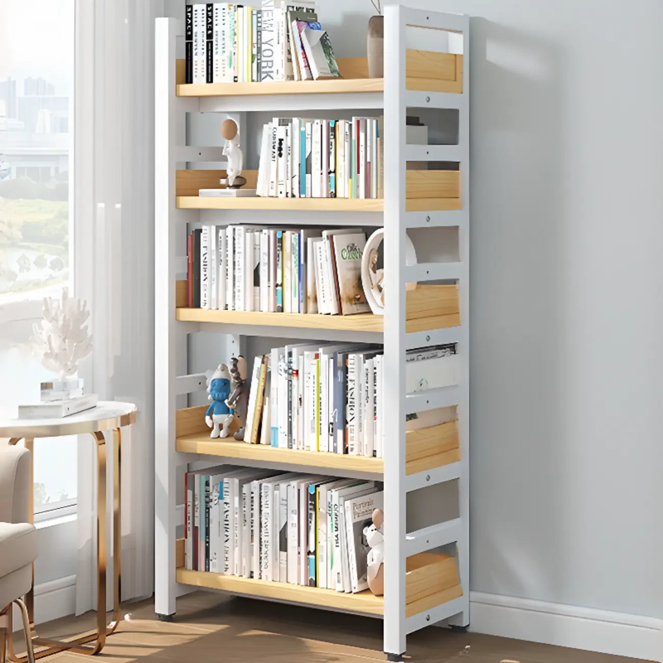 Bibliothèque autoportante simple à plusieurs niveaux en bois avec cadre en acier