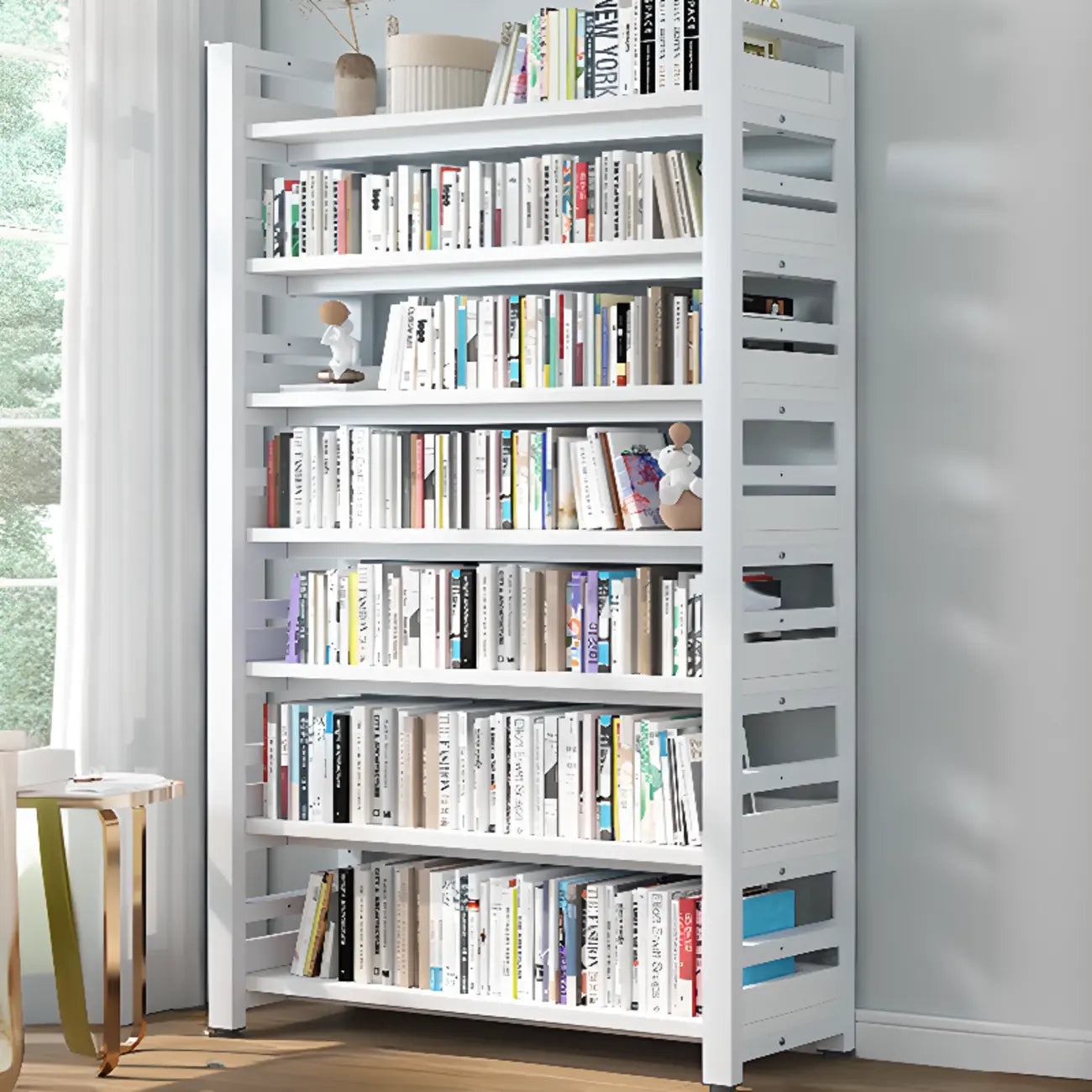 Bibliothèque autoportante simple à plusieurs niveaux en bois avec cadre en acier