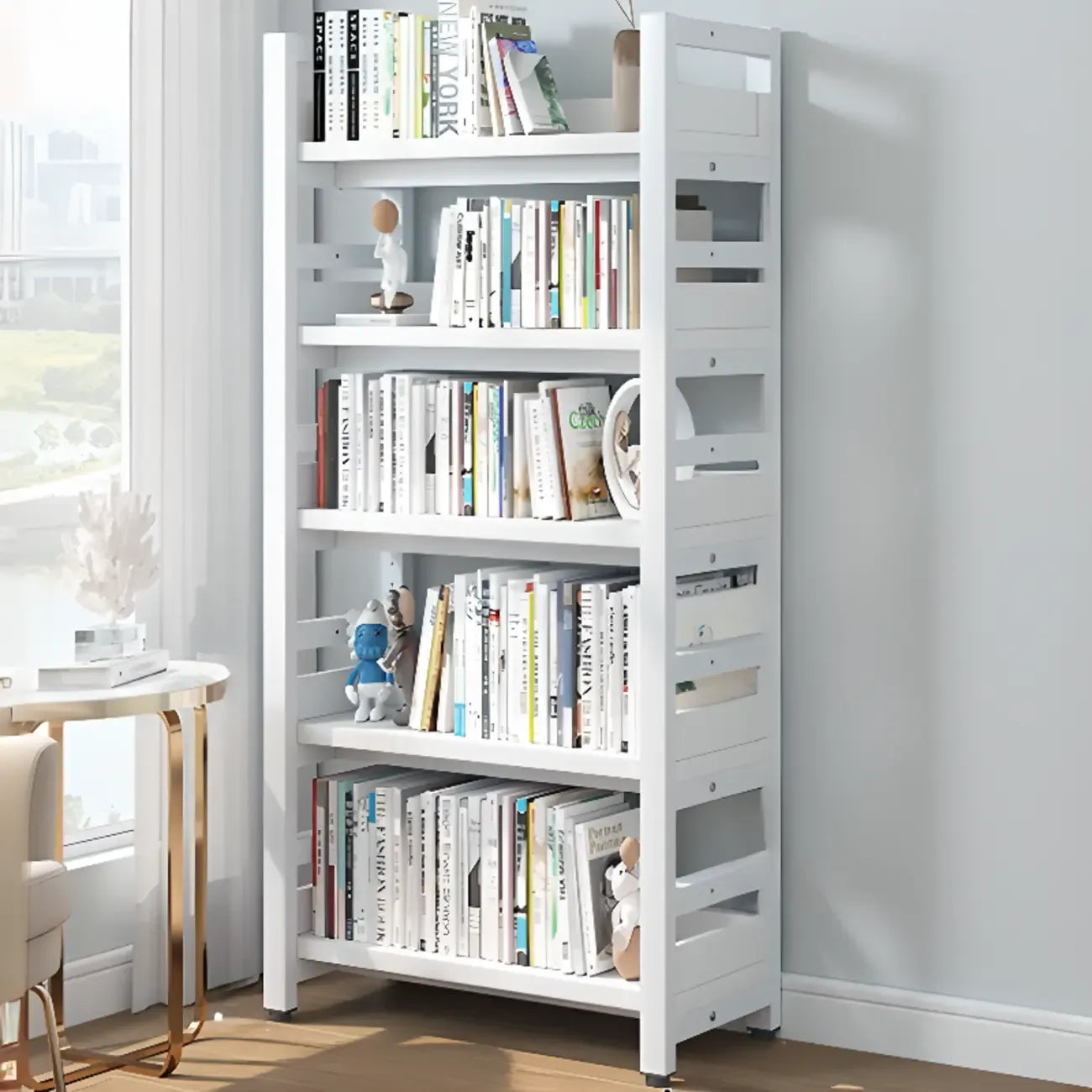 Bibliothèque autoportante simple à plusieurs niveaux en bois avec cadre en acier
