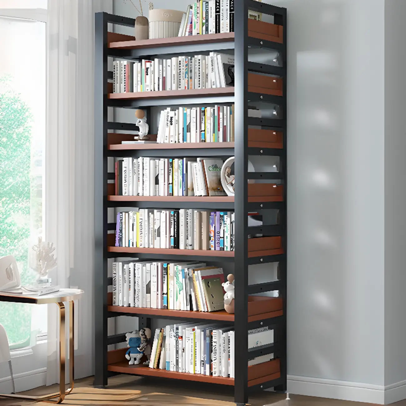 Bibliothèque autoportante simple à plusieurs niveaux en bois avec cadre en acier