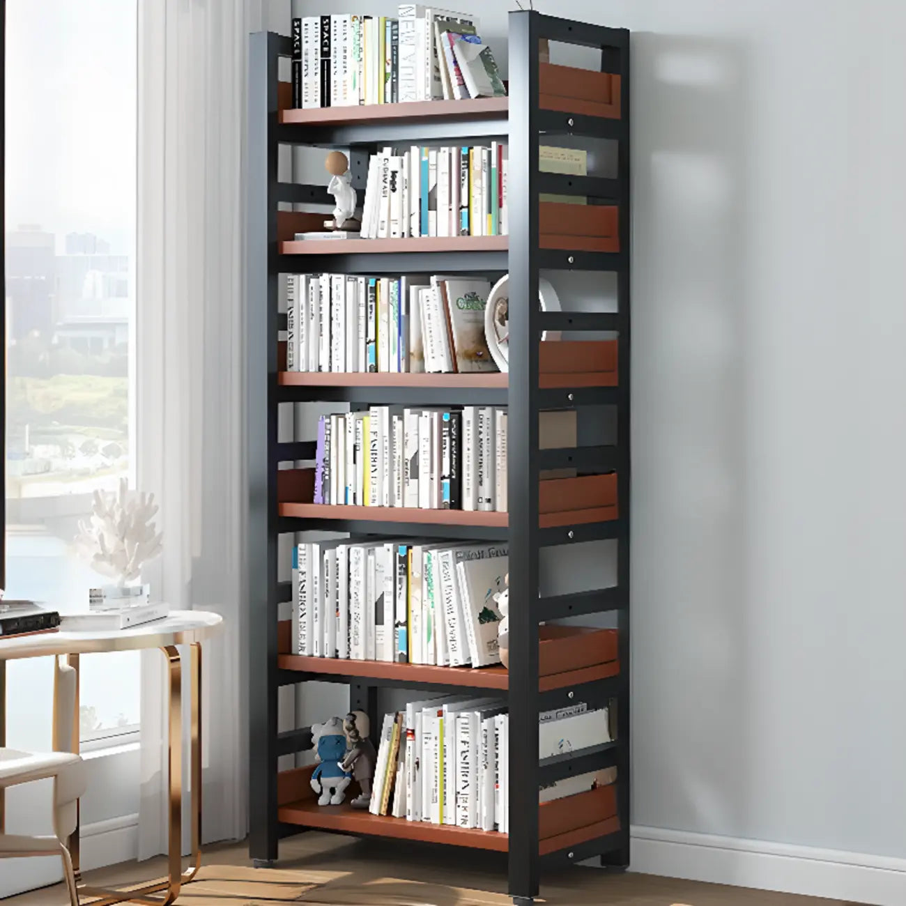 Bibliothèque autoportante simple à plusieurs niveaux en bois avec cadre en acier