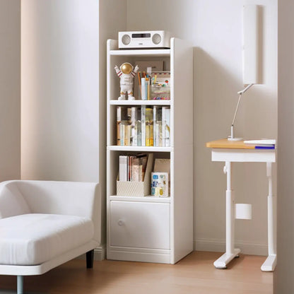 Bibliothèque étroite en bois blanc à 6 étagères avec armoire