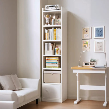 Bibliothèque étroite en bois blanc à 6 étagères avec armoire
