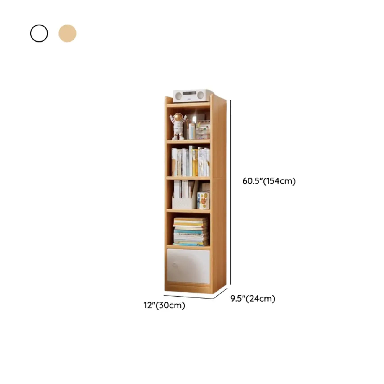 Bibliothèque étroite en bois blanc à 6 étagères avec armoire