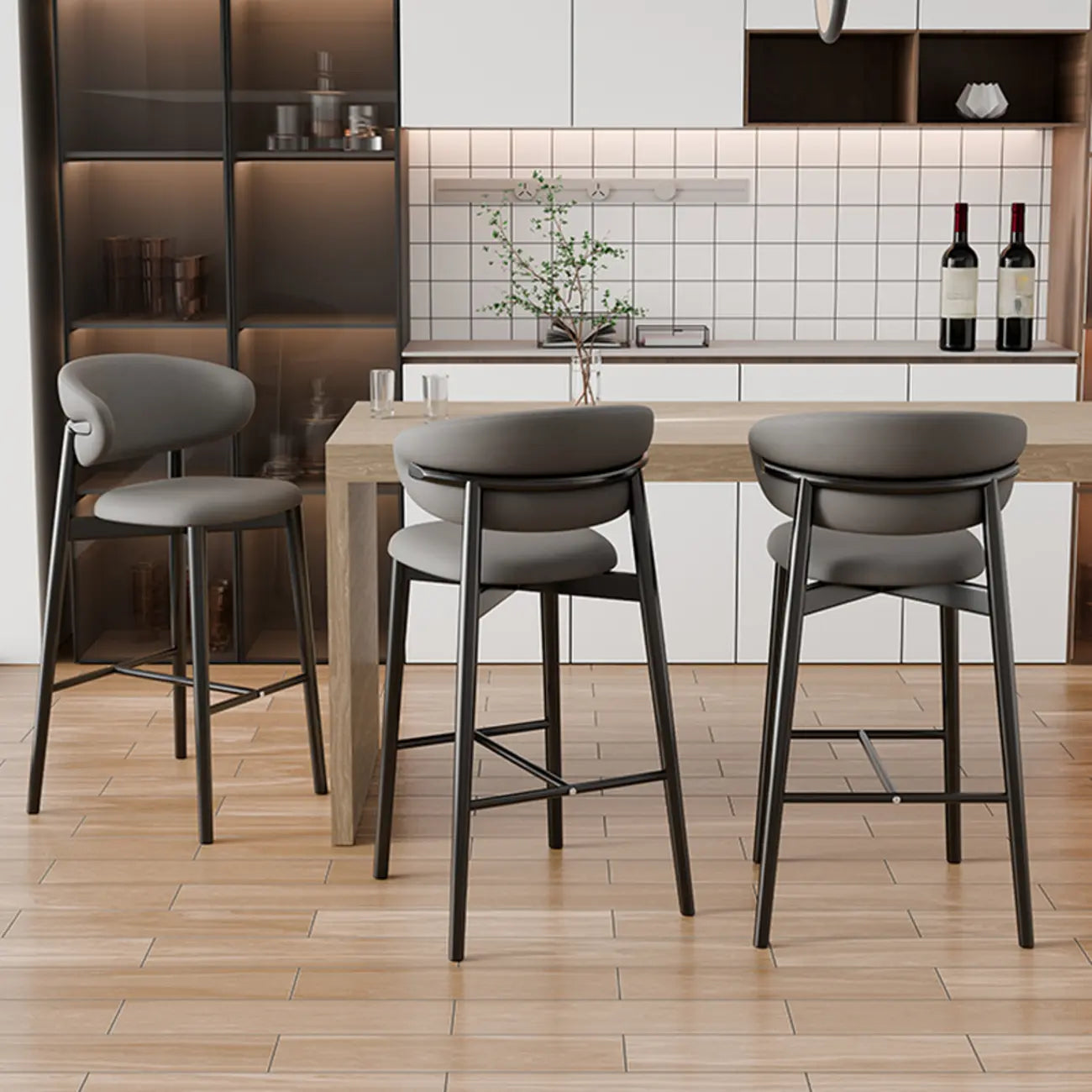 Tabouret de bar Art Déco en cuir, dossier bas, hauteur comptoir