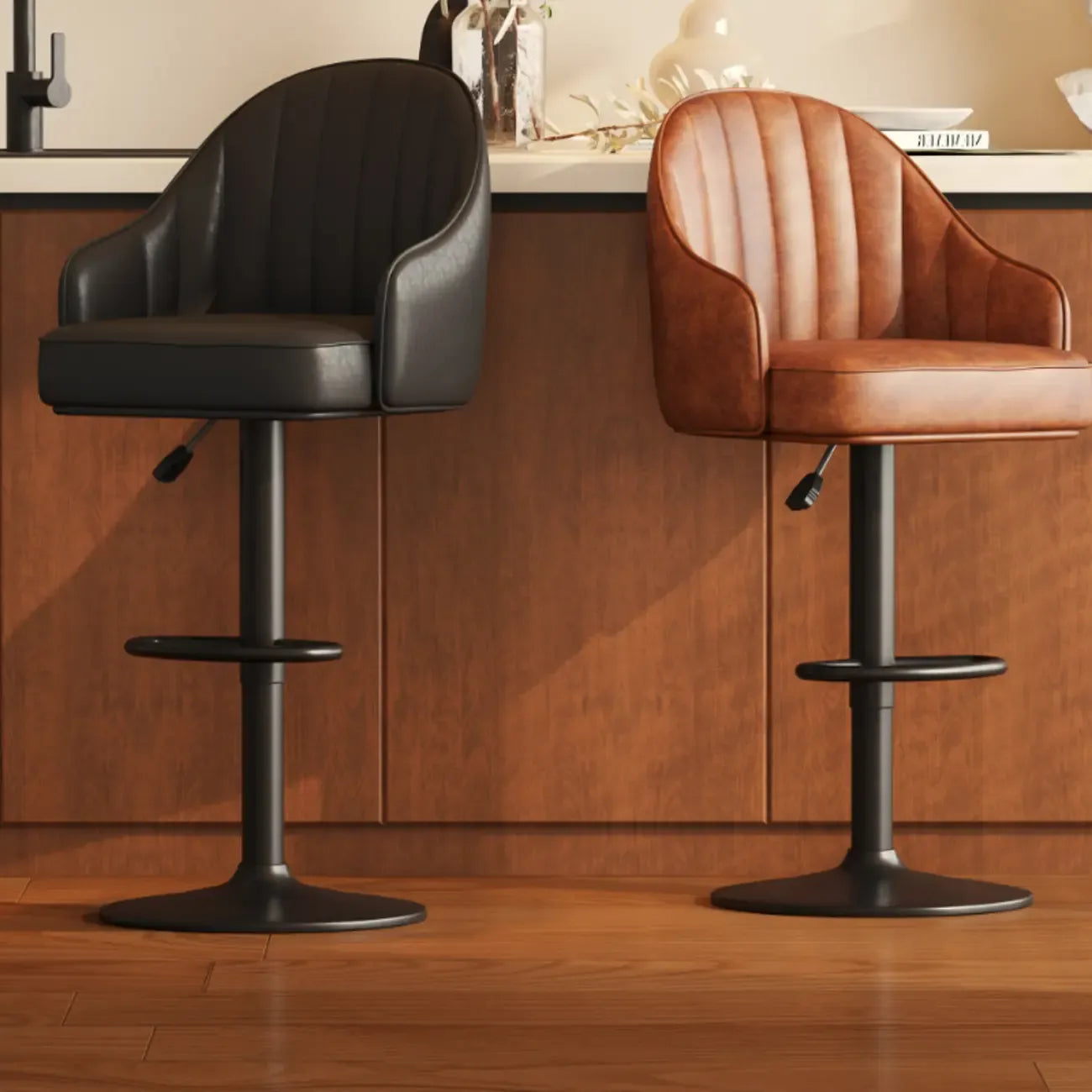Tabouret de bar pivotant en cuir de style moderne du milieu du siècle, hauteur réglable