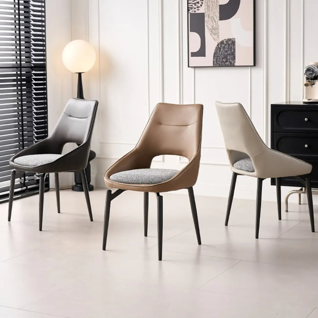 Chaise de salle à manger moderne rembourrée, dossier ouvert et sans accoudoirs