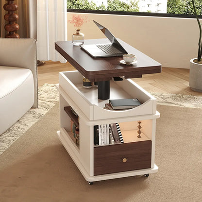 Table d'appoint rectangulaire pliable à plateau relevable en bois et métal avec roulettes