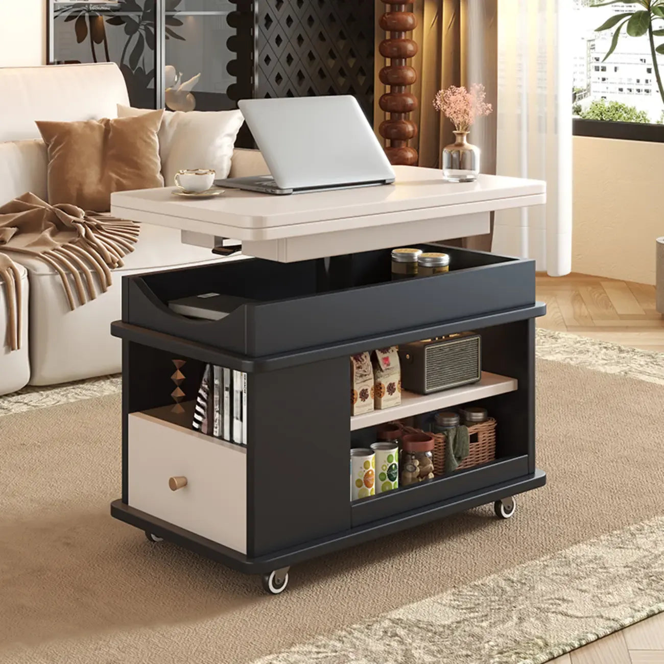 Table d'appoint rectangulaire pliable à plateau relevable en bois et métal avec roulettes