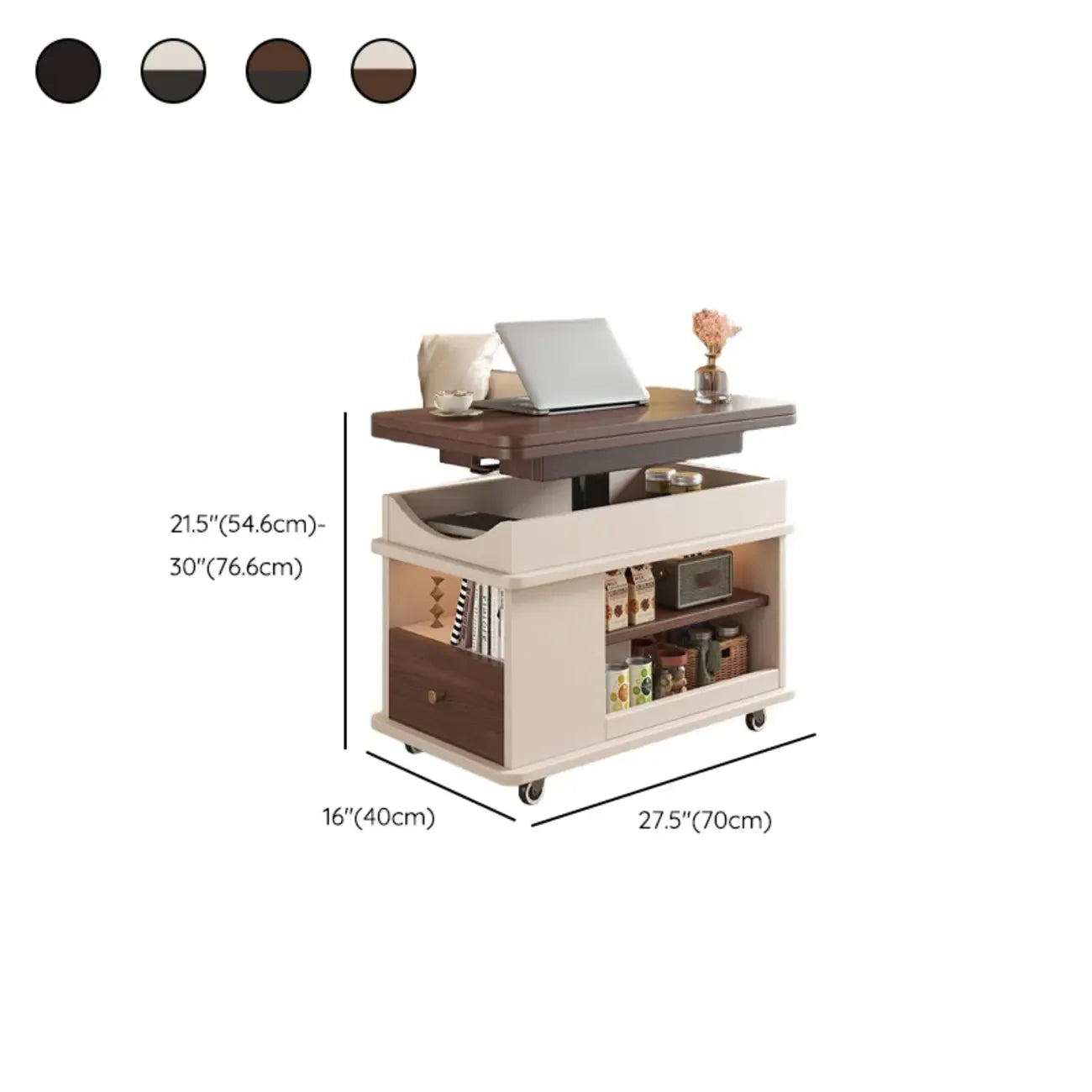 Table d'appoint rectangulaire pliable à plateau relevable en bois et métal avec roulettes