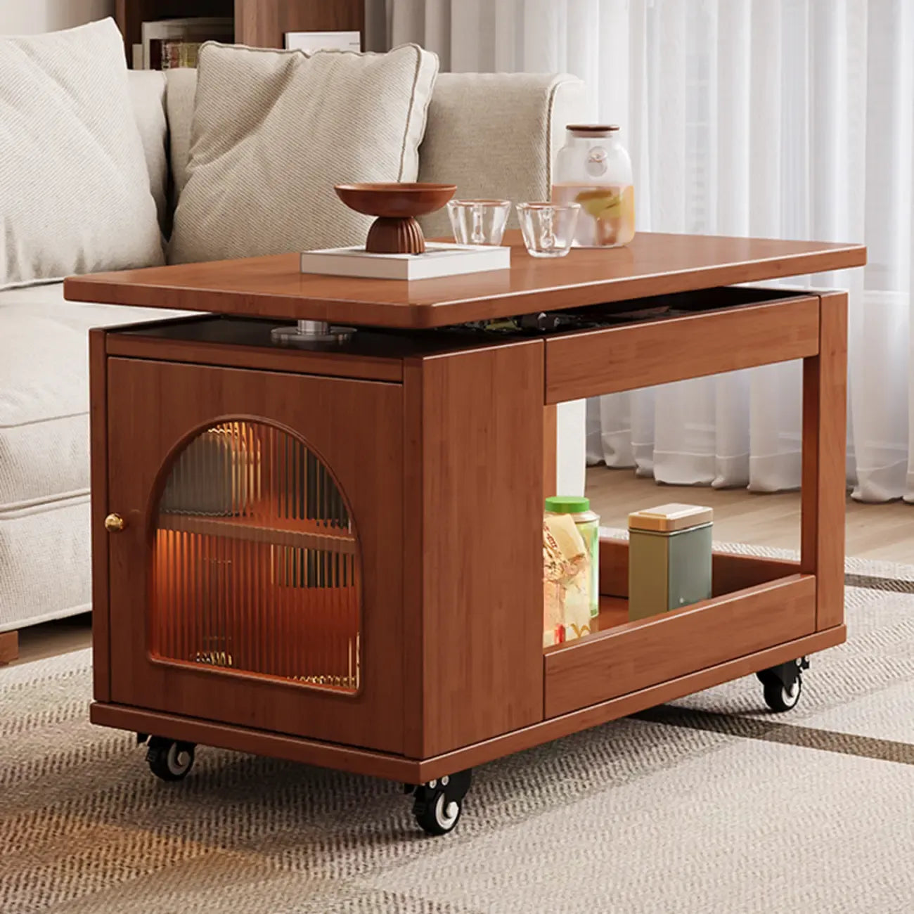 Table d'appoint pivotante réglable en bois de noyer avec roulettes