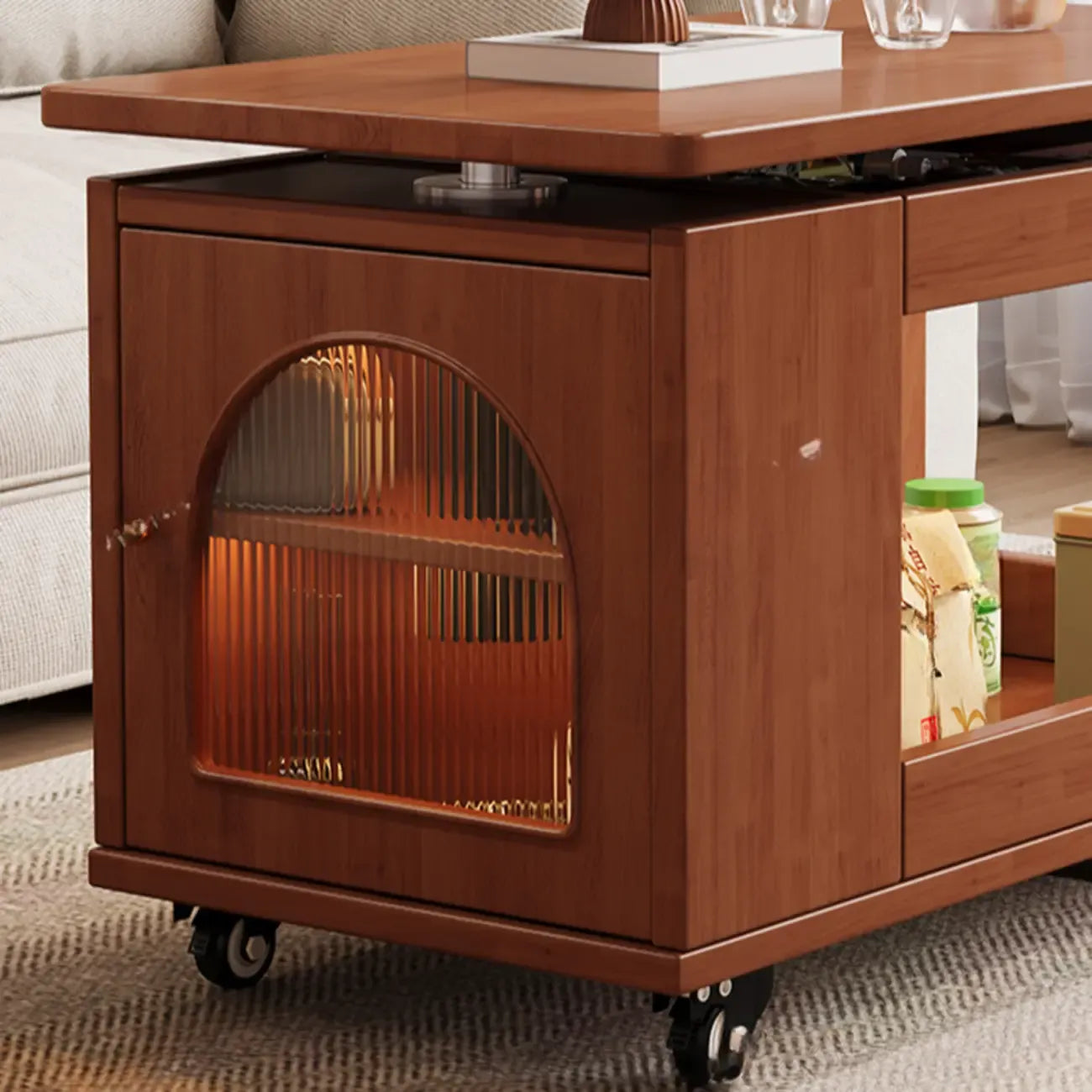 Table d'appoint pivotante réglable en bois de noyer avec roulettes