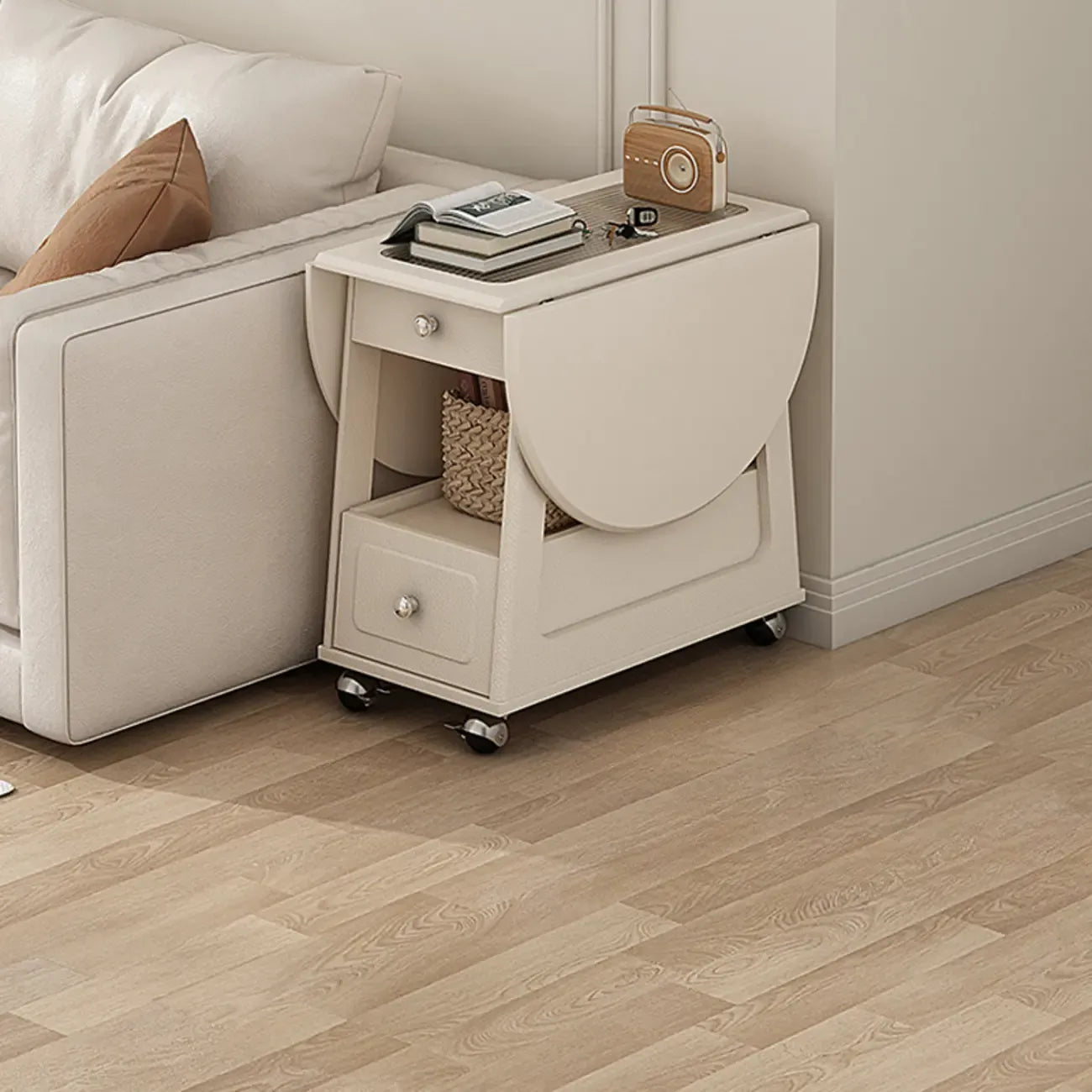 Petite table d'appoint pliable en bois blanc moderne à roulettes