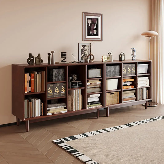 Bibliothèque horizontale en bois brun à fond fermé, style milieu du siècle