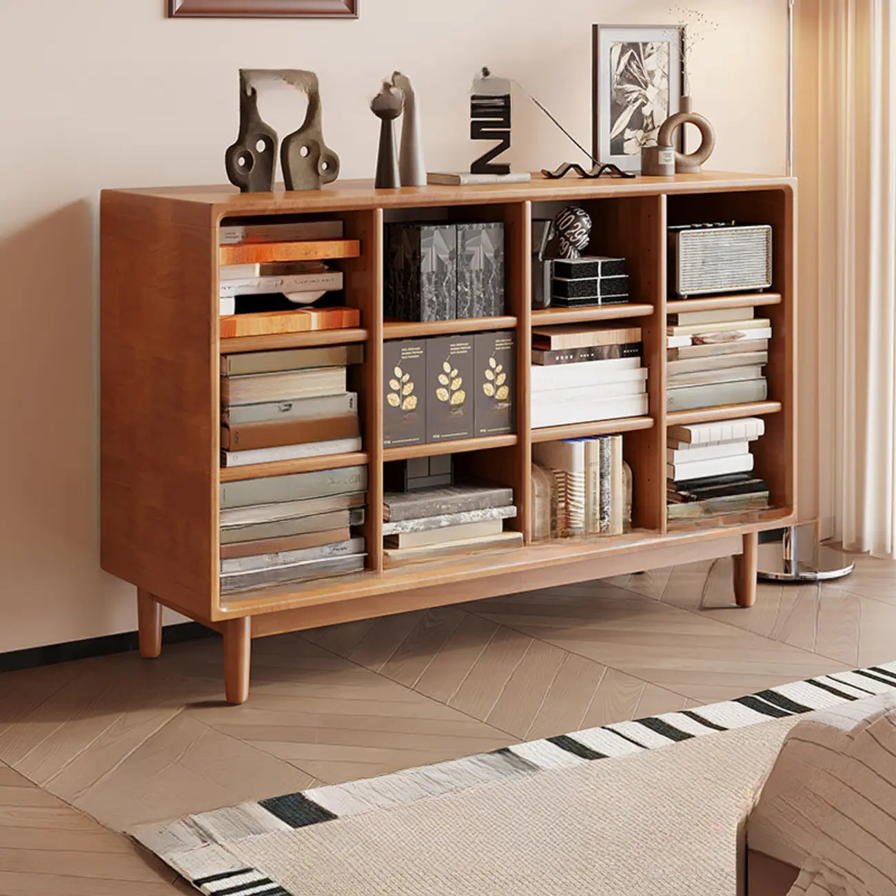 Bibliothèque horizontale en bois brun à fond fermé, style milieu du siècle