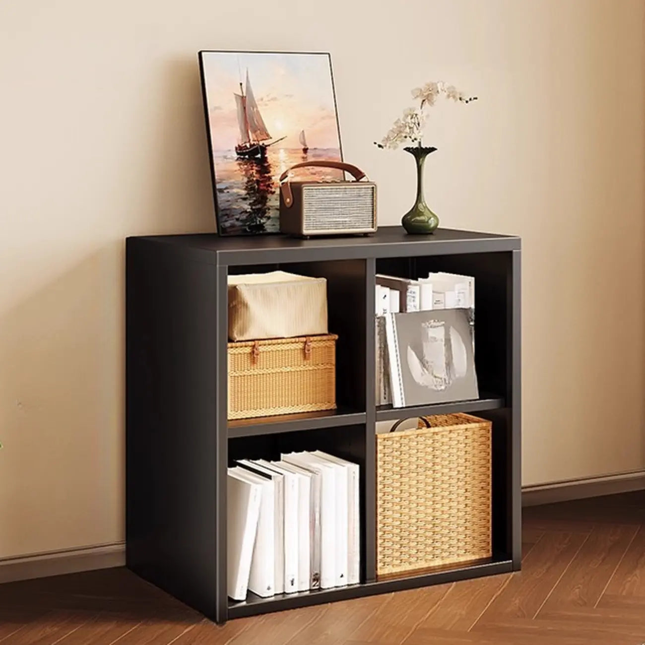 Bibliothèque cubique moderne en acier avec bacs en tissu
