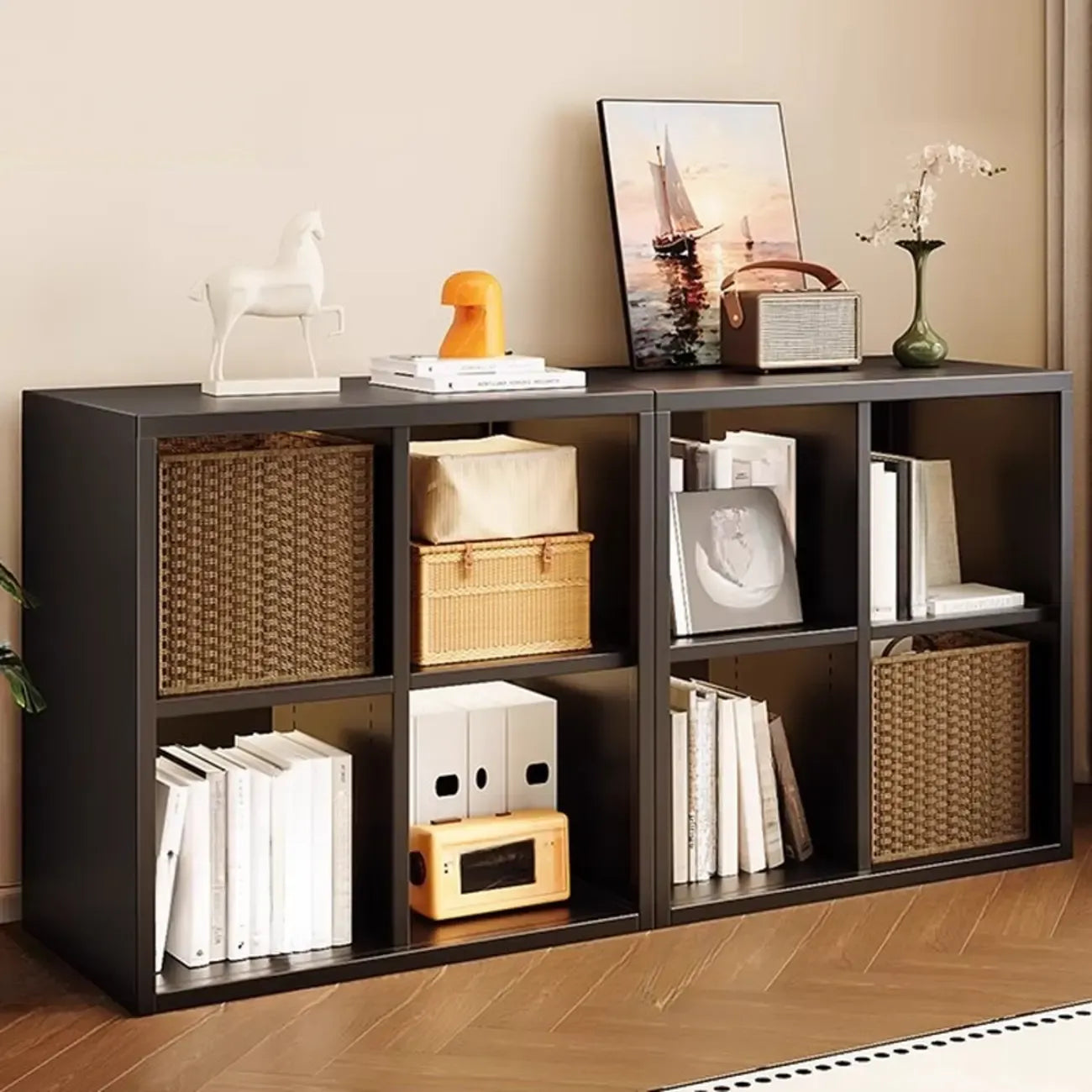 Bibliothèque cubique moderne en acier avec bacs en tissu