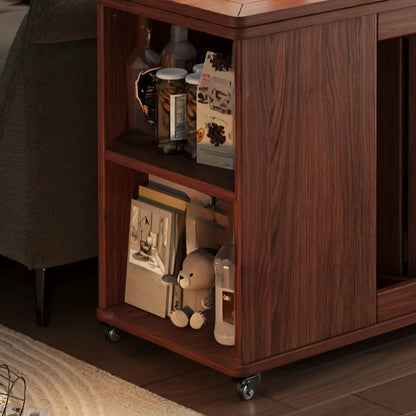 Table d'appoint pliante en bois avec plateau ouvert et roulettes