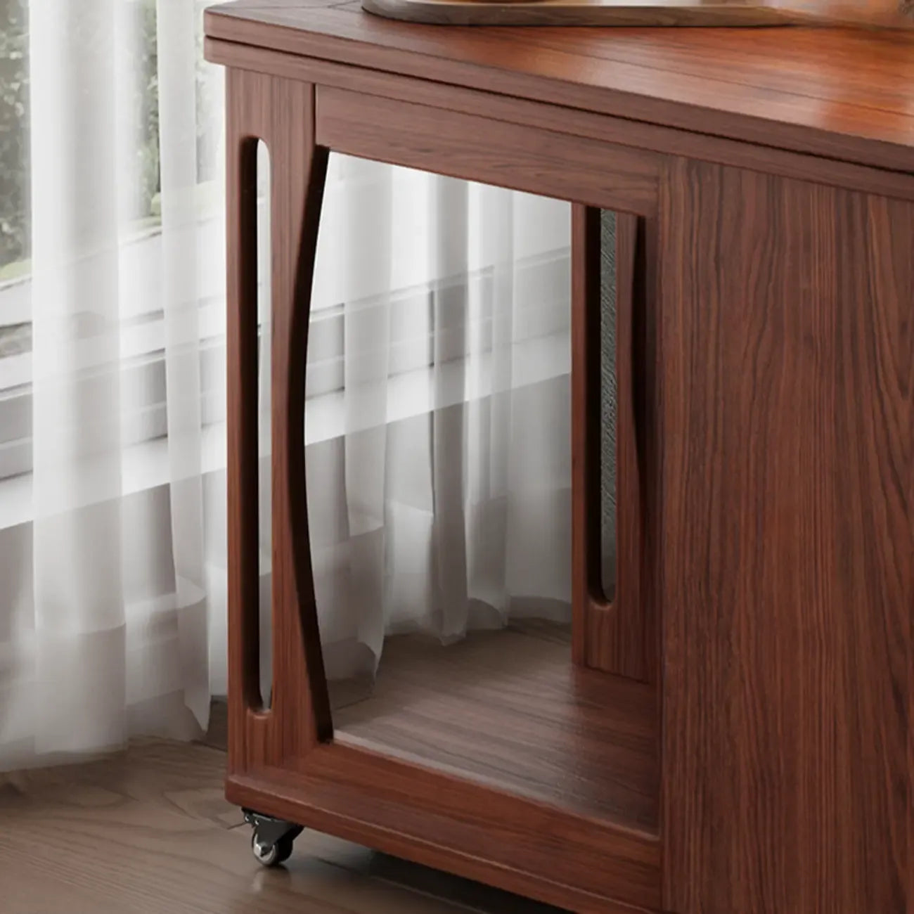 Table d'appoint pliante en bois avec plateau ouvert et roulettes