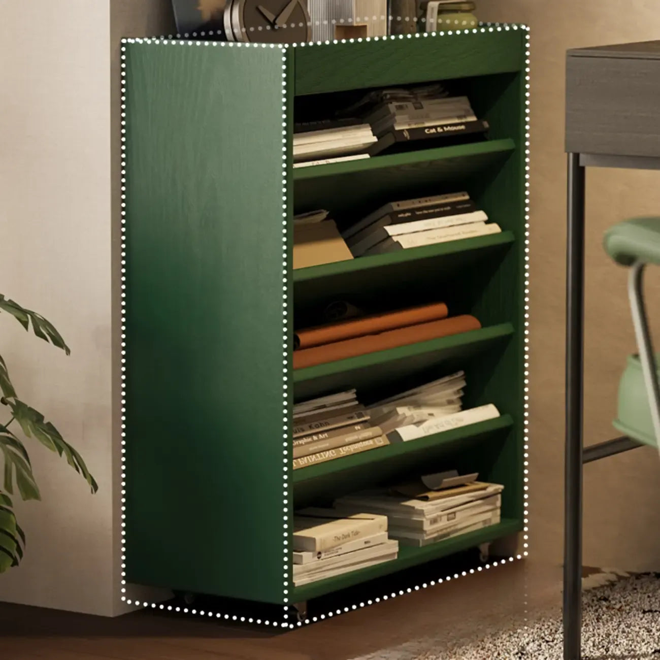 Bibliothèque verticale à 5 niveaux en bois d'hévéa avec roulettes