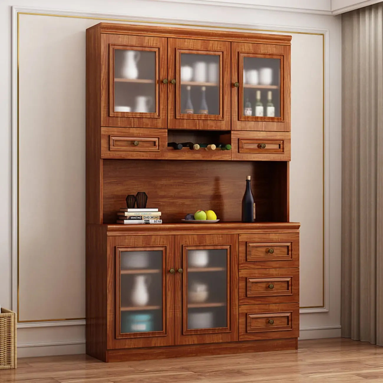 Buffet moderne en bois avec tiroirs et portes vitrées