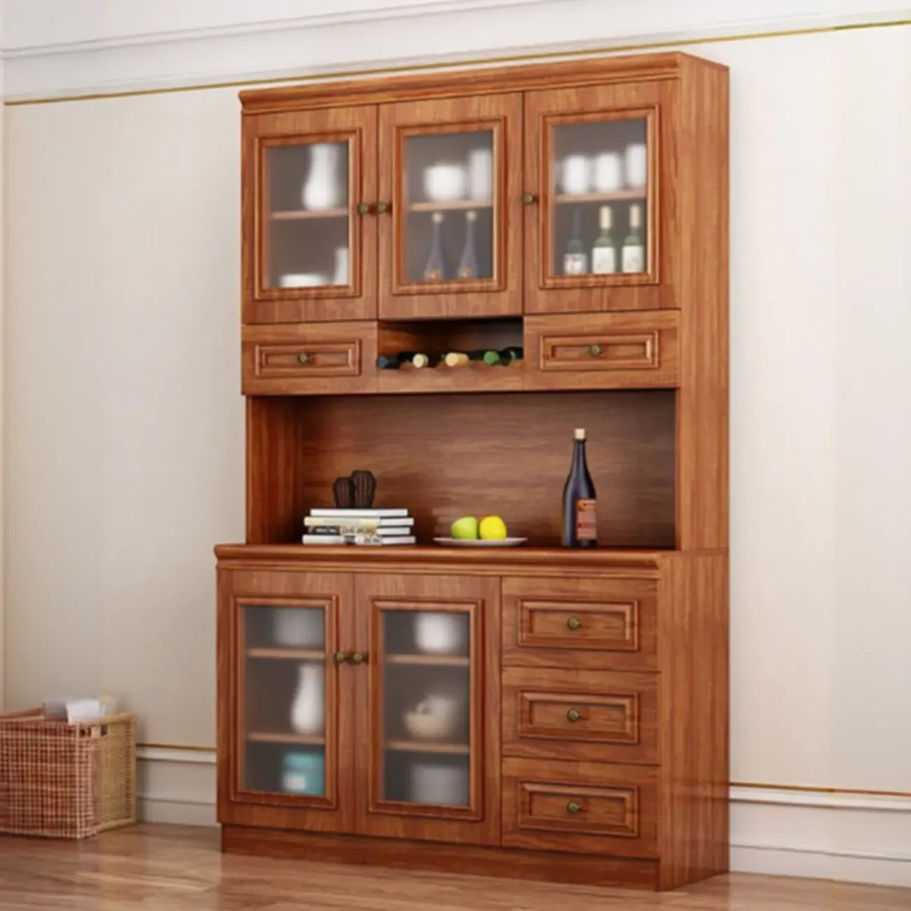 Buffet moderne en bois avec tiroirs et portes vitrées