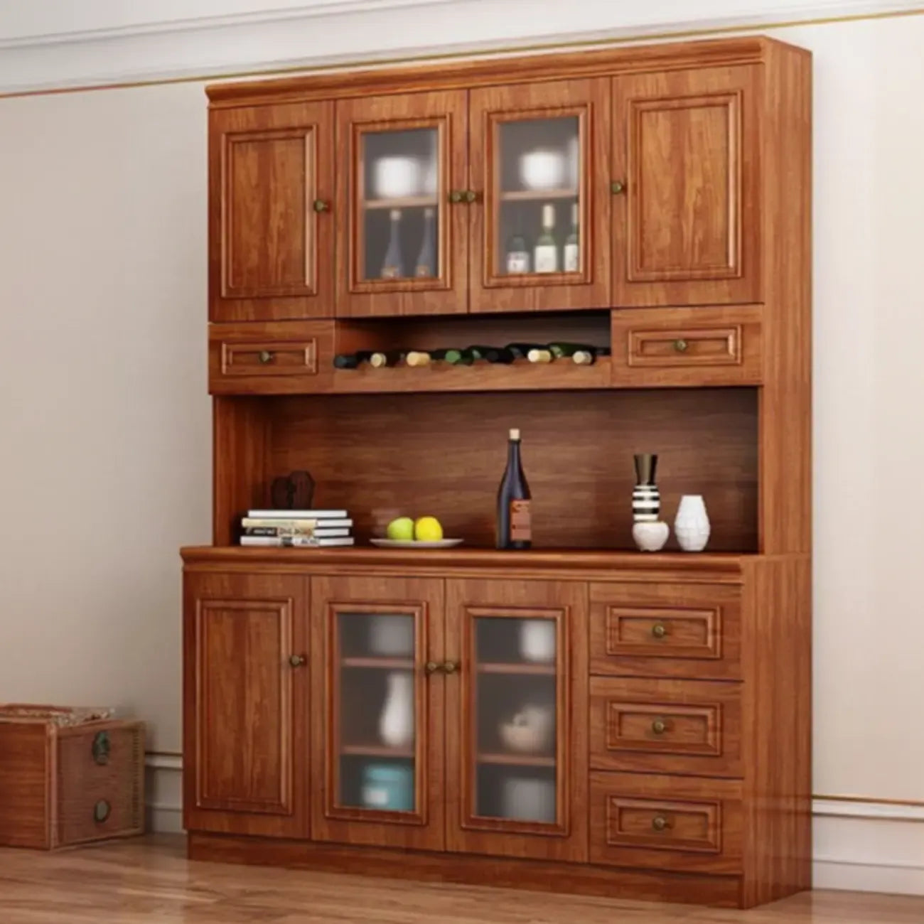 Buffet moderne en bois avec tiroirs et portes vitrées