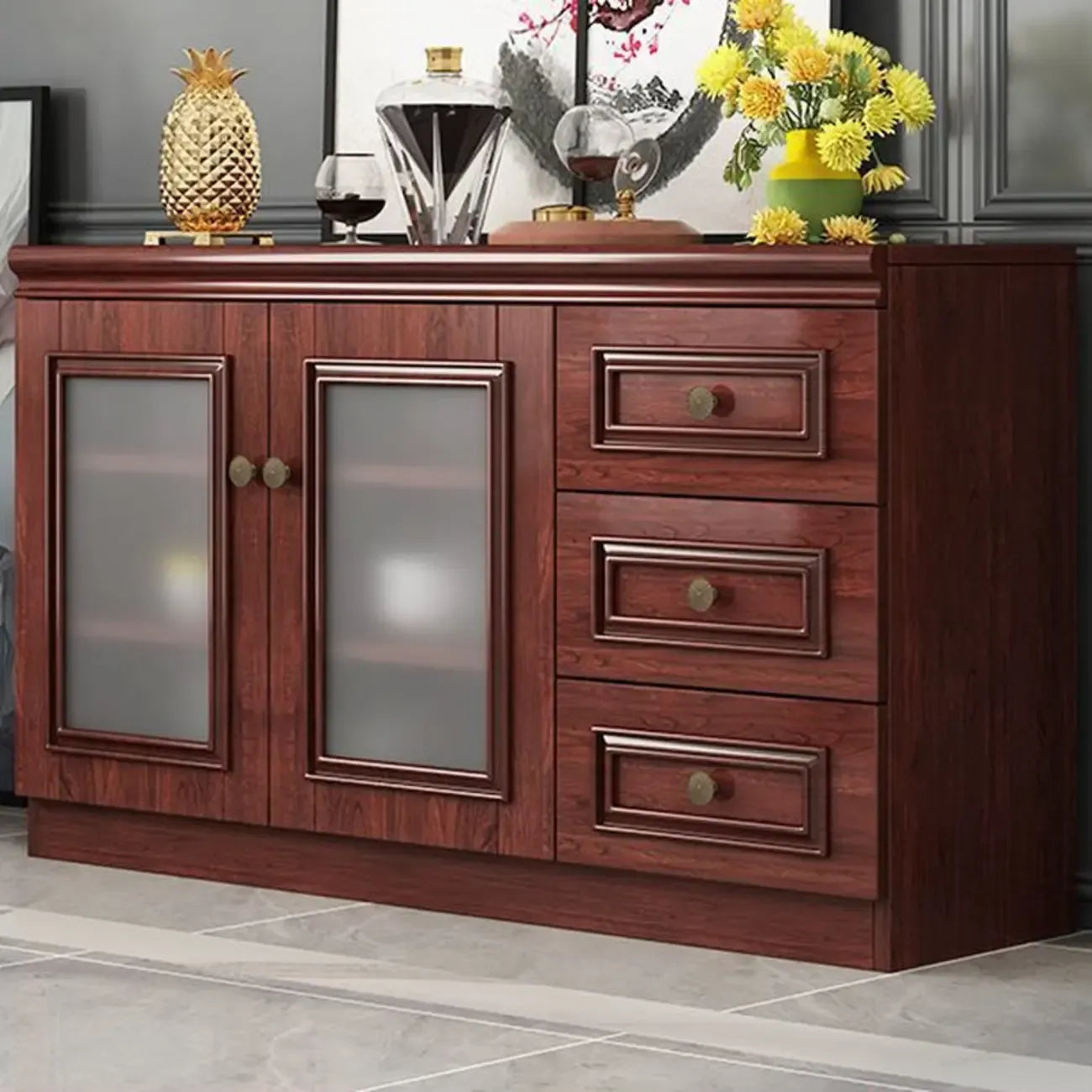 Buffet moderne en bois avec tiroirs et portes vitrées