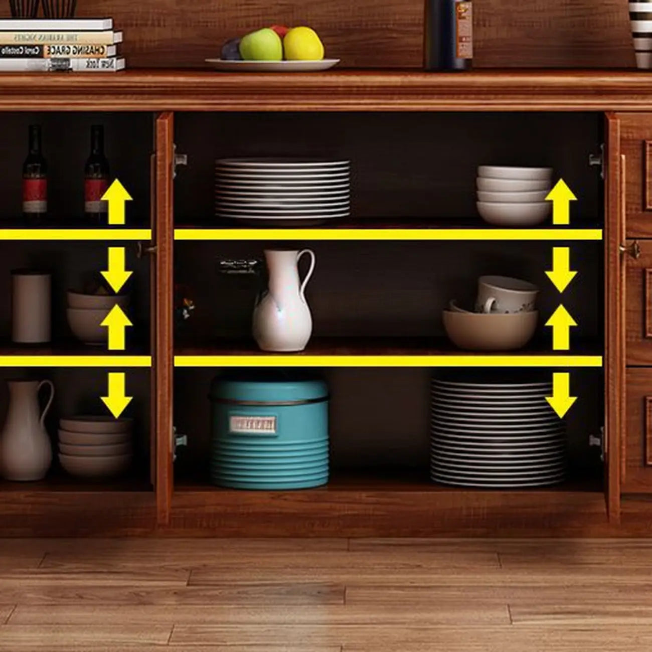 Buffet moderne en bois avec tiroirs et portes vitrées