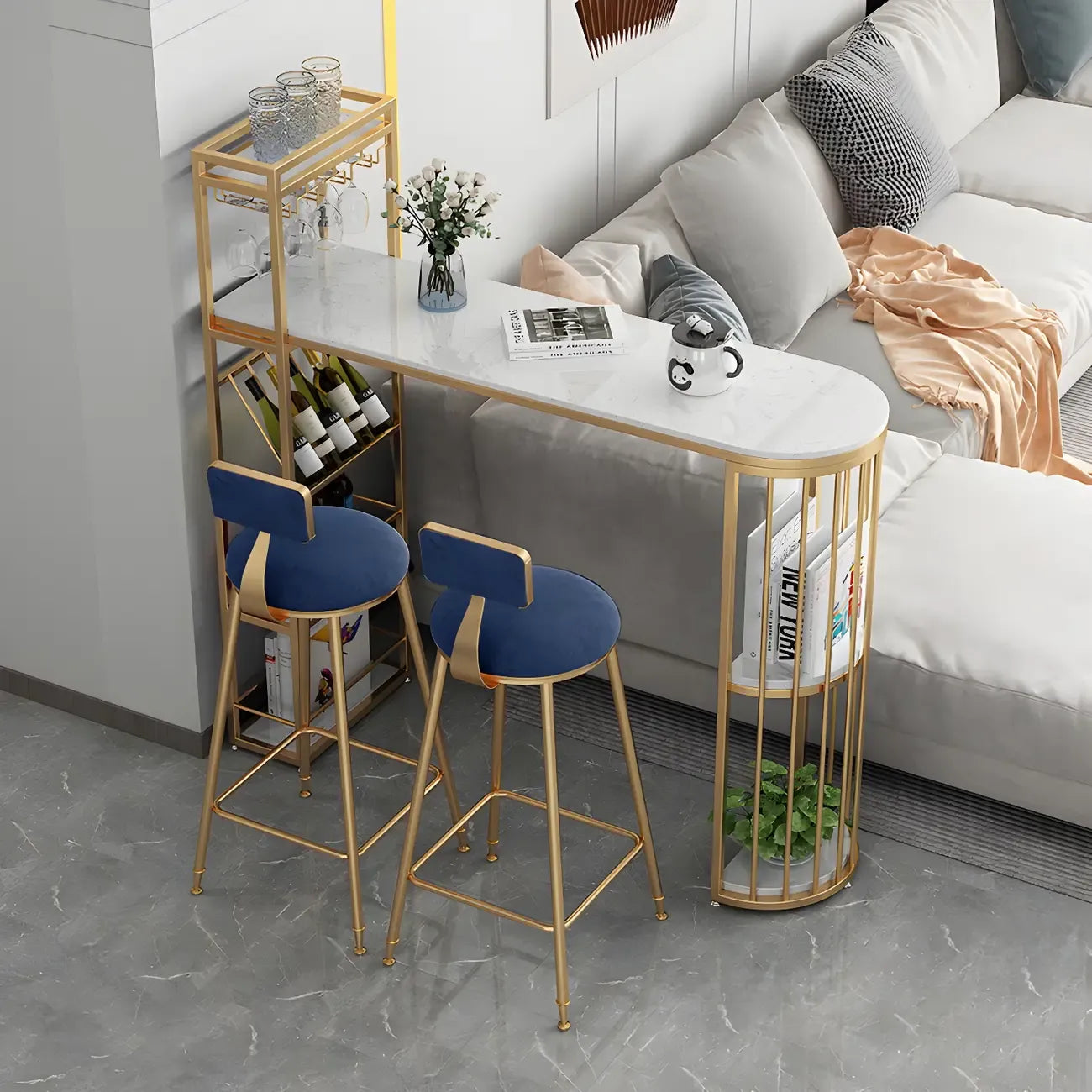 Tables de bar avec porte-bouteilles en fer imitation marbre doré glamour