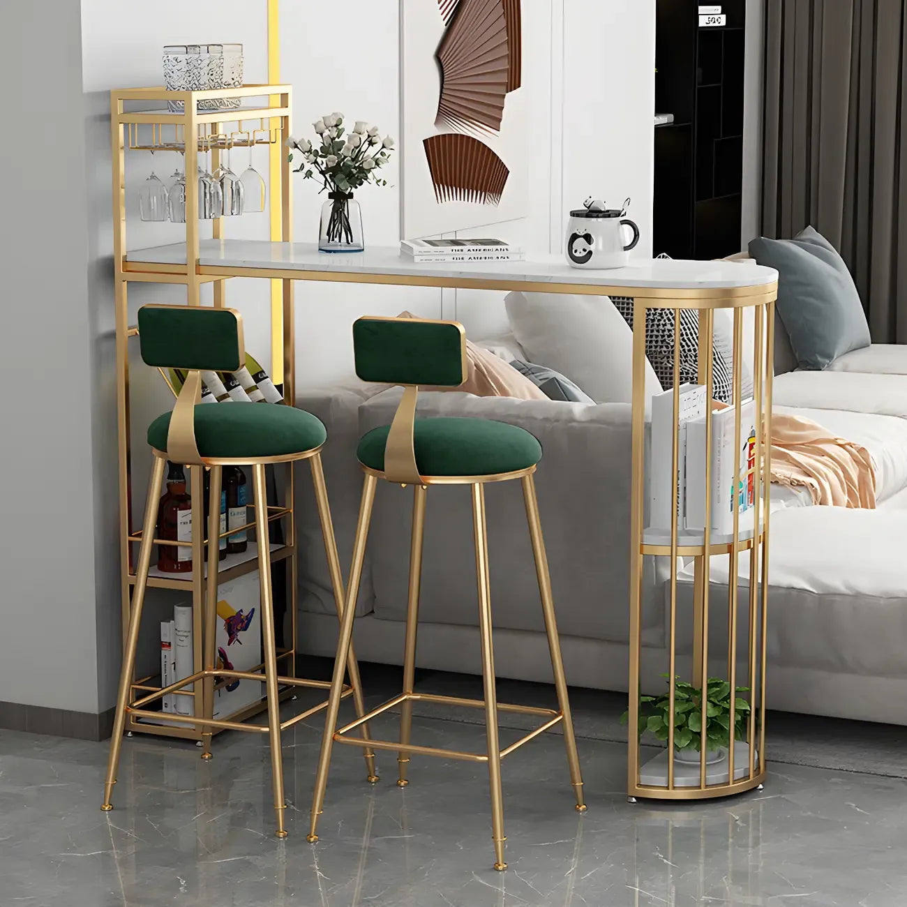 Tables de bar avec porte-bouteilles en fer imitation marbre doré glamour