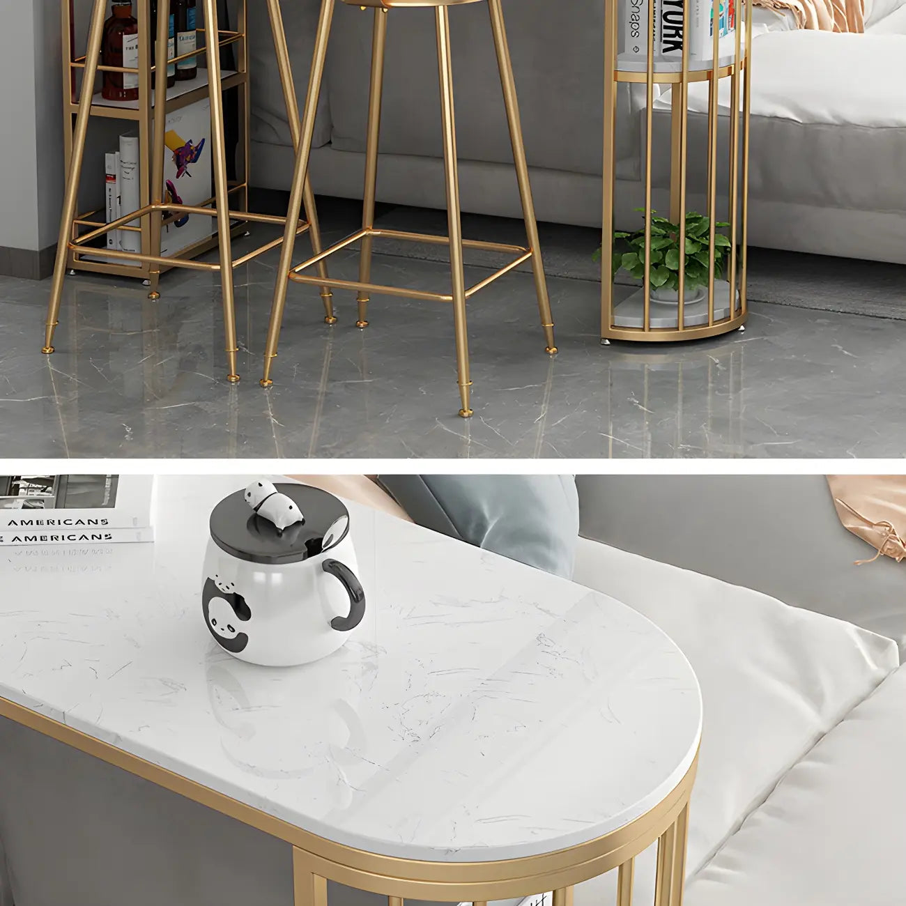 Tables de bar avec porte-bouteilles en fer imitation marbre doré glamour