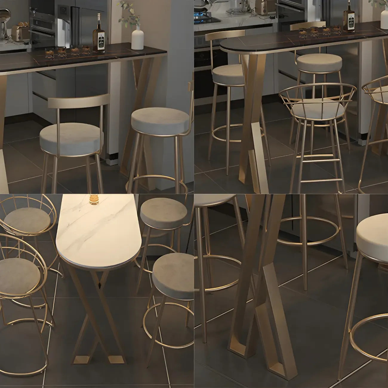 Tables de bar glamour en pierre blanche, fer et métal doré, forme libre, pour la cuisine