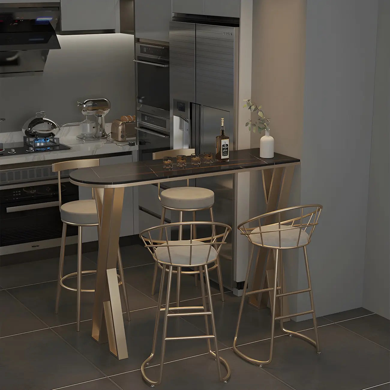 Tables de bar glamour en pierre blanche, fer et métal doré, forme libre, pour la cuisine