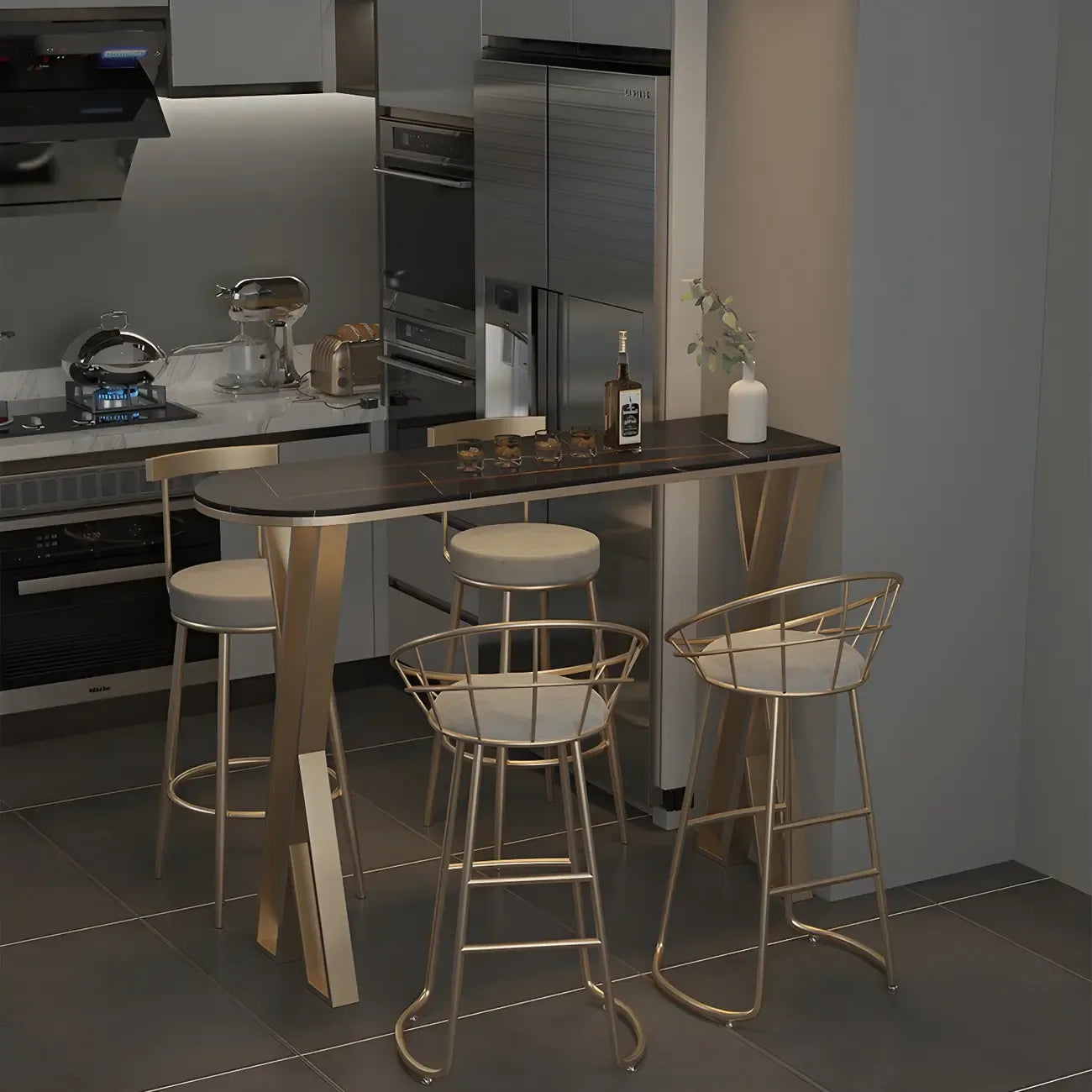 Tables de bar glamour en pierre blanche, fer et métal doré, forme libre, pour la cuisine